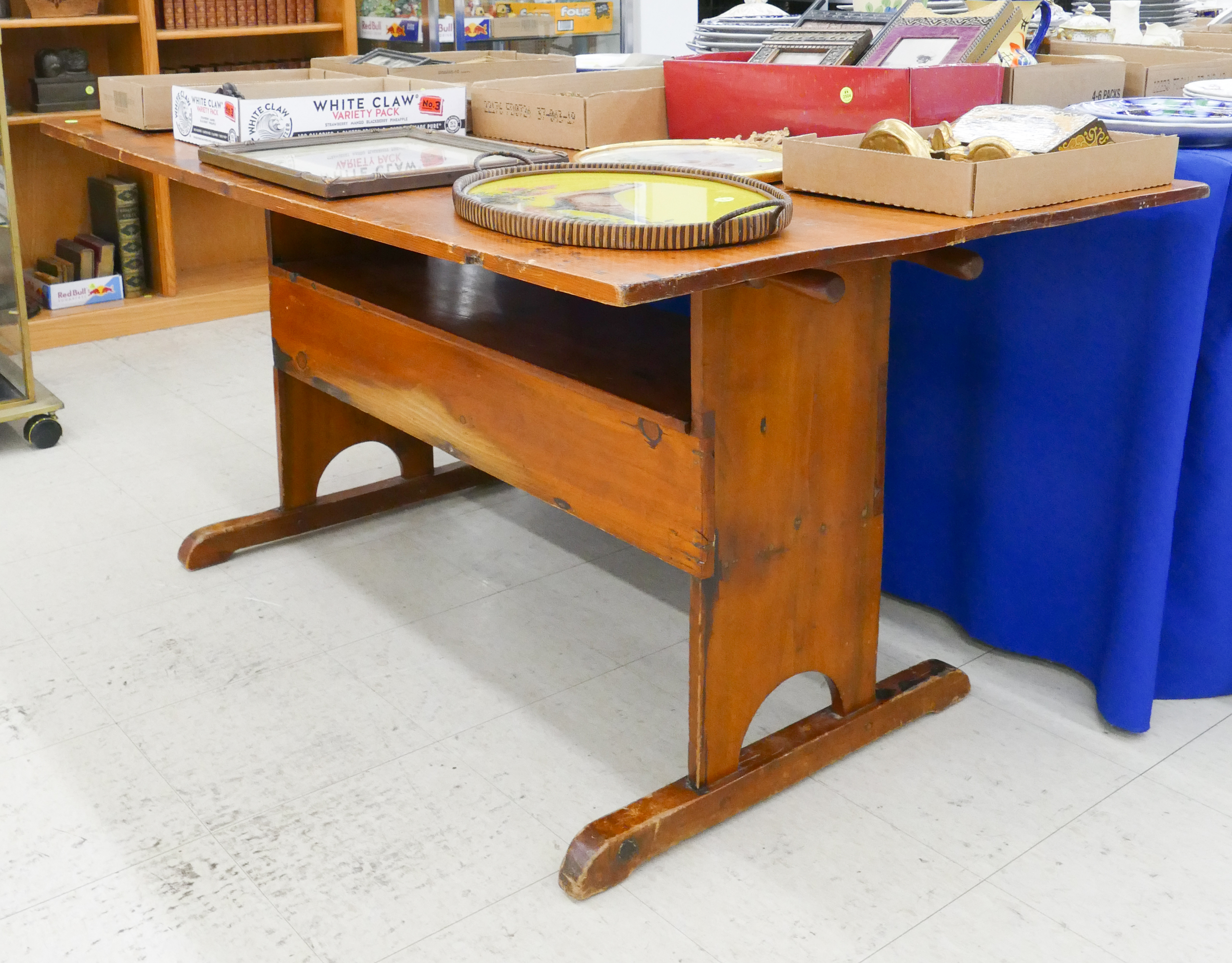 Appraisal: Primitive Pine Trestle Kitchen Table- x x ''