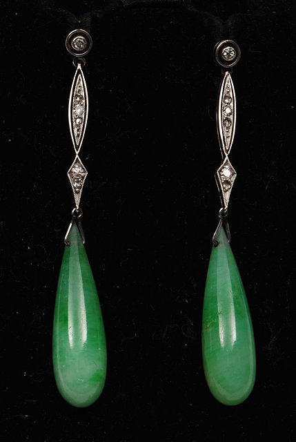 Appraisal: A pair of jade drop earringswith stylised diamond mounts