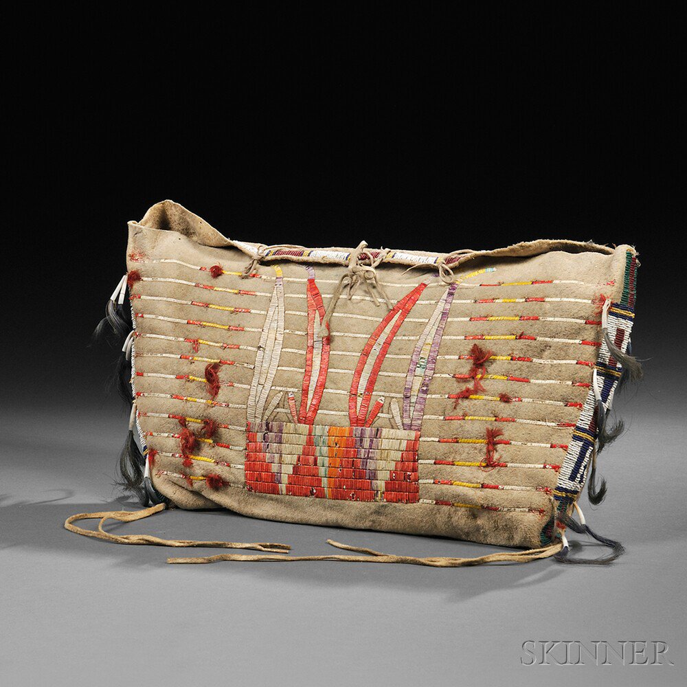 Appraisal: Possible Lakota Quilled and Beaded Buffalo Hide Bag c last