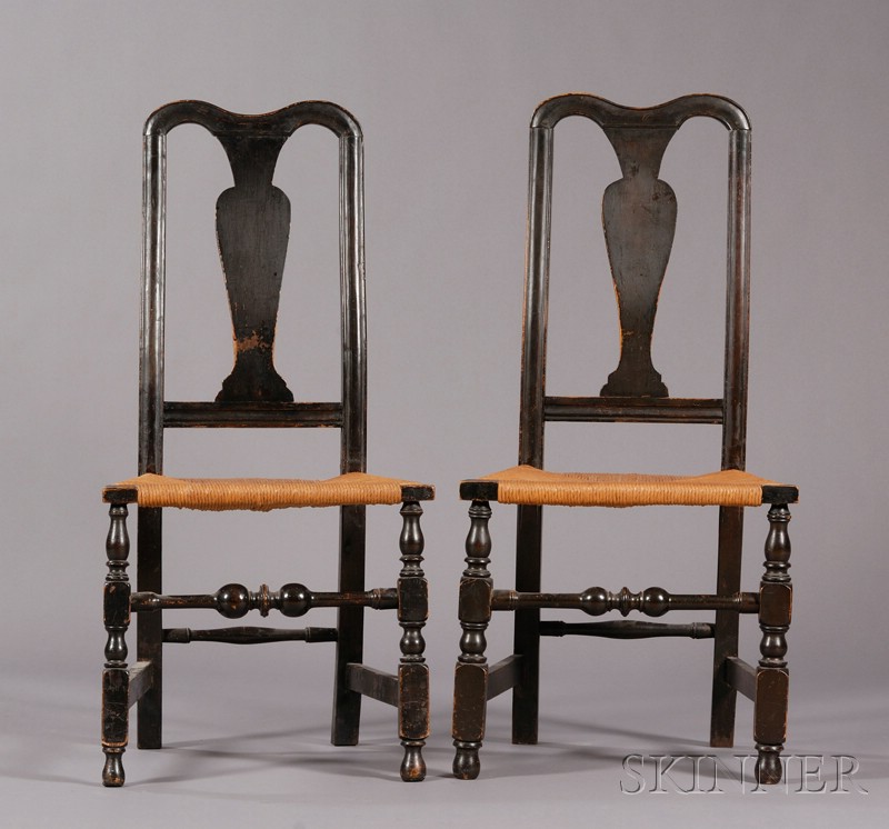 Appraisal: Near Pair of Spanish Brown-painted Carved and Turned Side Chairs