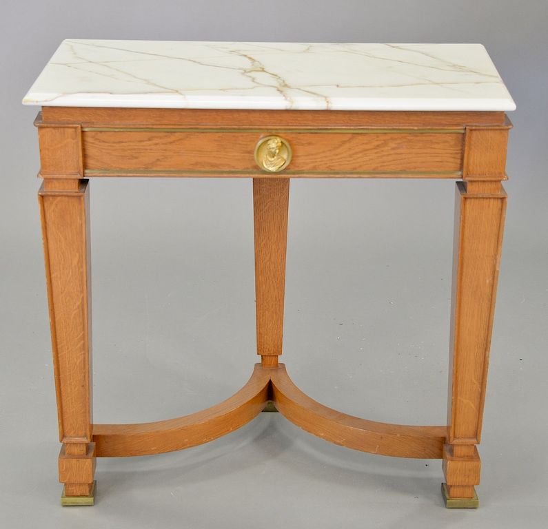 Appraisal: Custom oak hall table with marble top and bronze mount