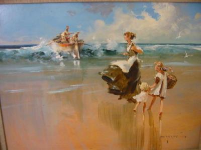 Appraisal: JOHN HASKINS Beach Scene with Mother and Children a boat