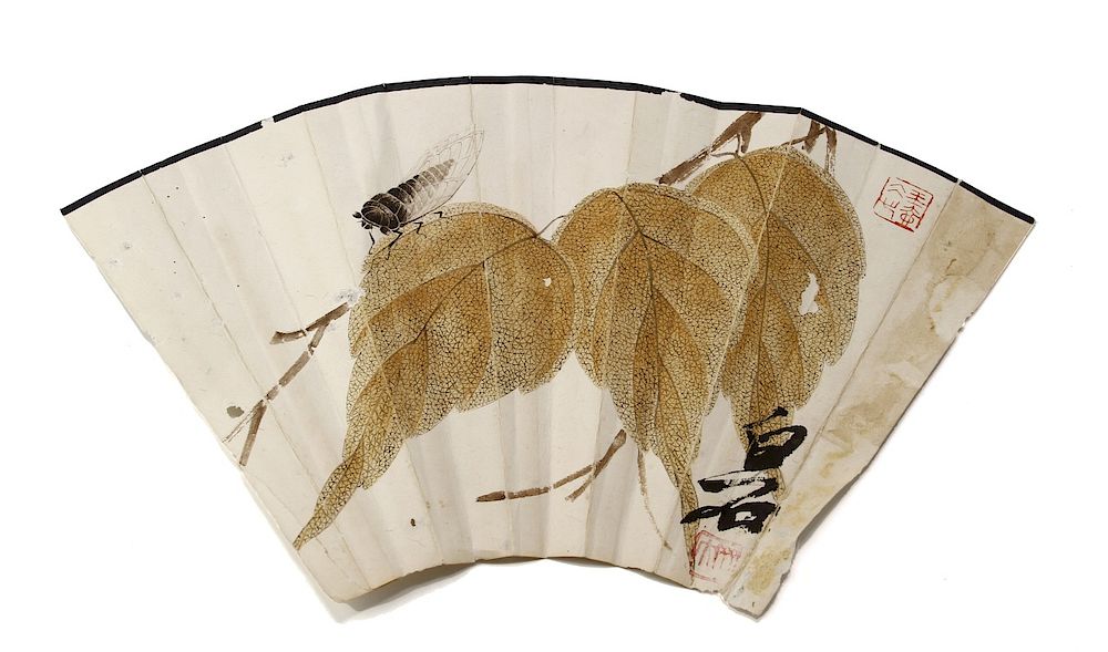 Appraisal: Qi Baishi Half Fan Painting Leaves and Cicada Signed Bai