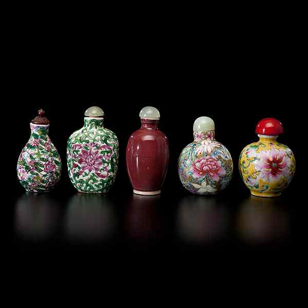 Appraisal: Chinese Porcelain Snuff Bottles Chinese th century Five porcelain snuff