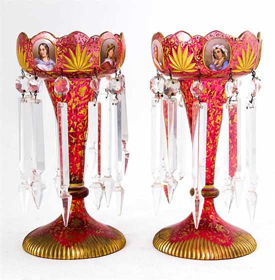 Appraisal: Pair Bohemian cranberry glass lusters late th century castellated rim