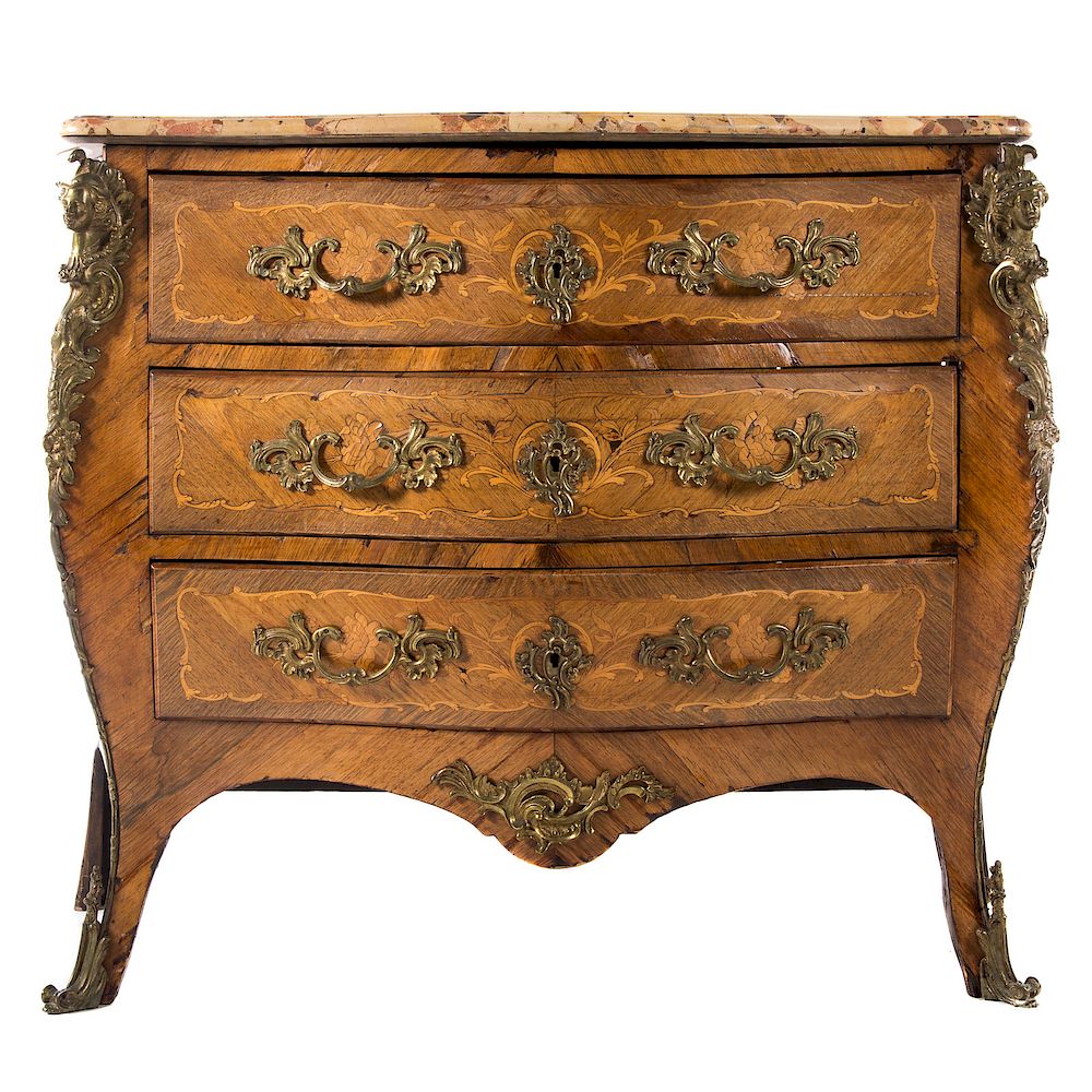 Appraisal: Louis XV Style Marquetry Inlaid Bombe Commode late th century