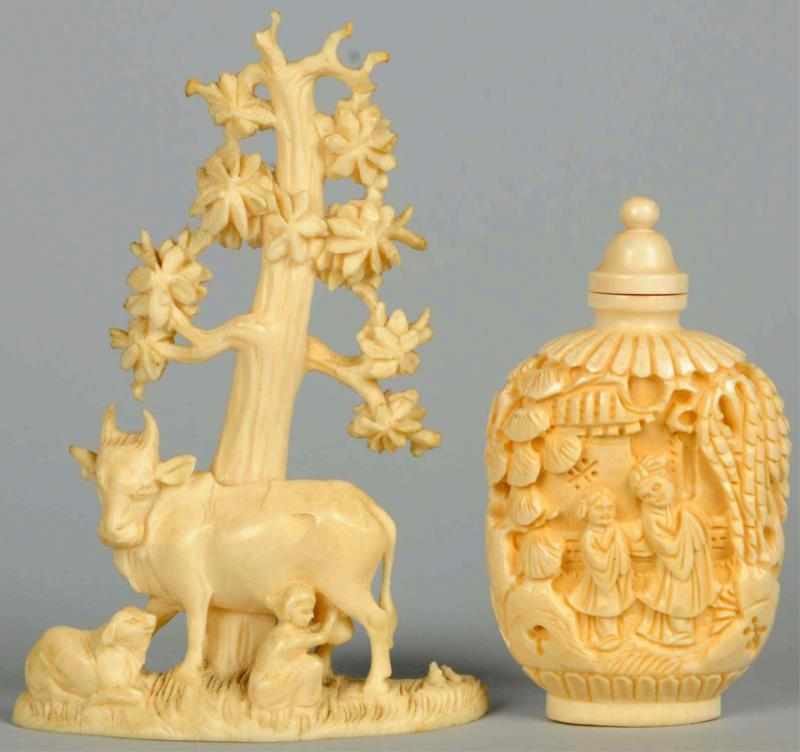 Appraisal: Lot of Carved Ivory Pieces Includes one snuff box and