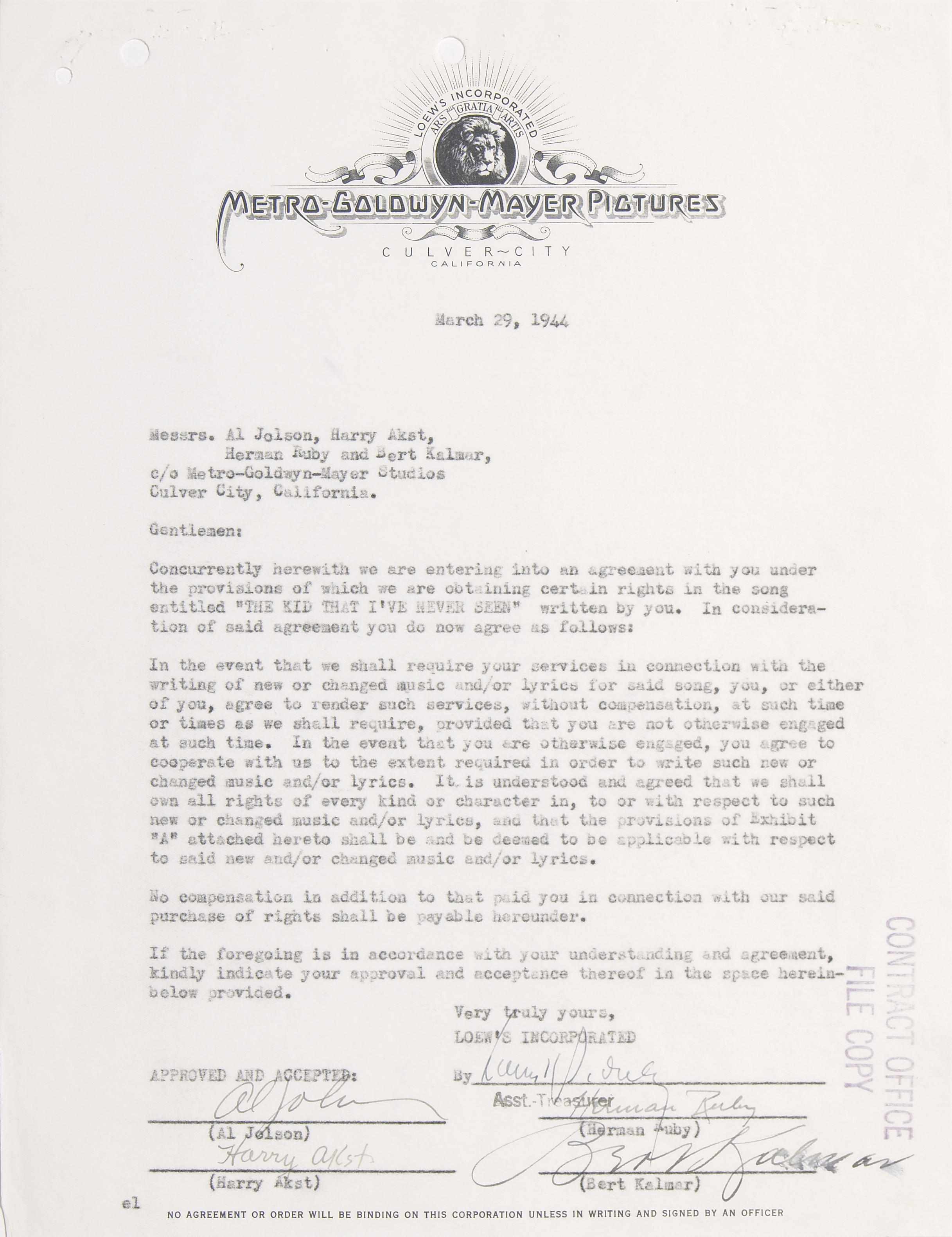 Appraisal: Al Jolson signed agreement letter A single page letter typed