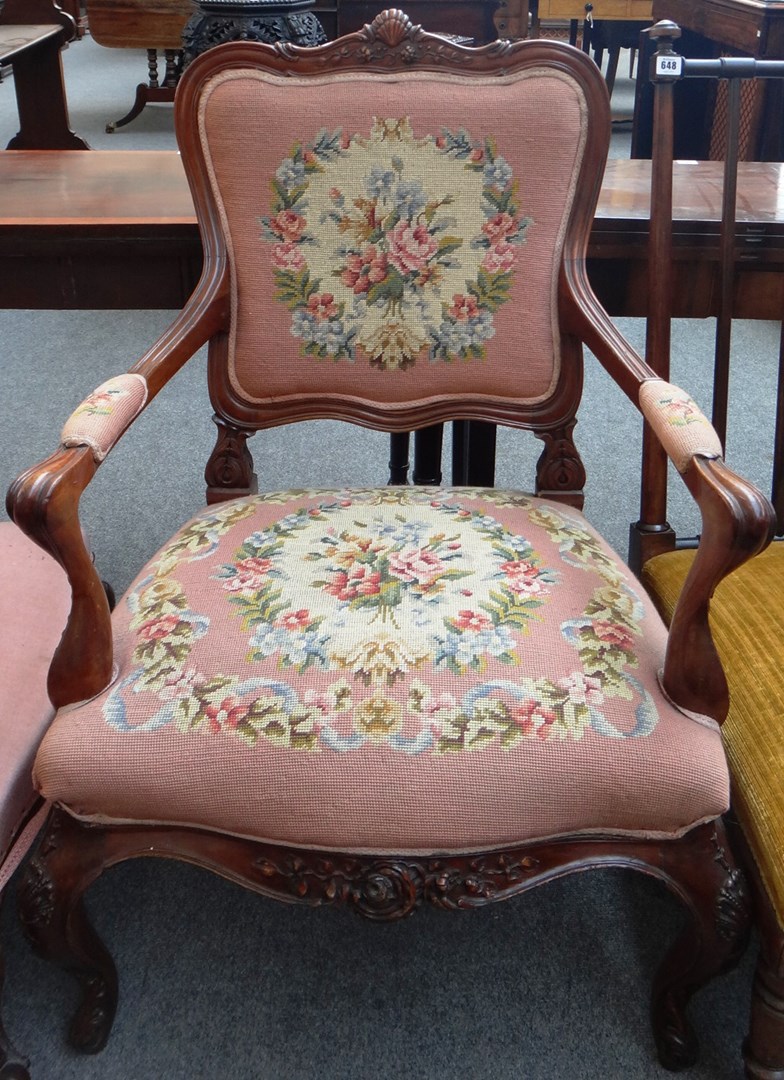 Appraisal: An th century style French mahogany framed fauteuil with semi-padded