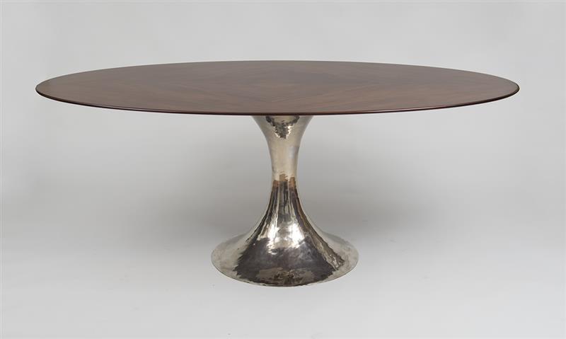 Appraisal: Oval Dining Table c Walnut veneer hammered metal x x