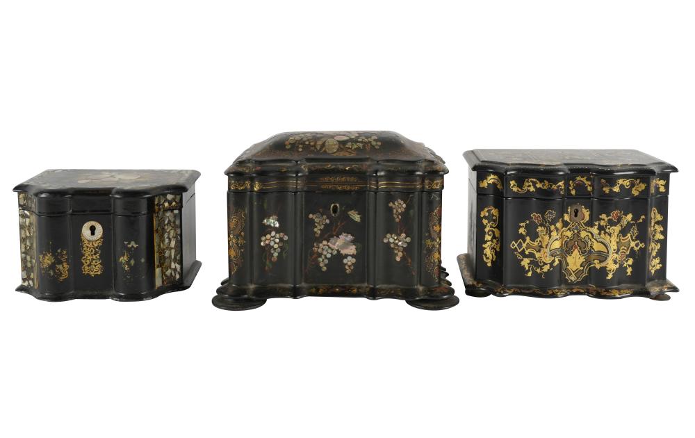 Appraisal: THREE VICTORIAN TEA CADDIESshell-inlaid ebonized wood each with a hinged