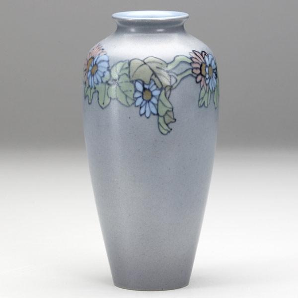 Appraisal: SALLIE E COYNEROOKWOODVellum vase with daisies UncrazedFlame mark XXII F