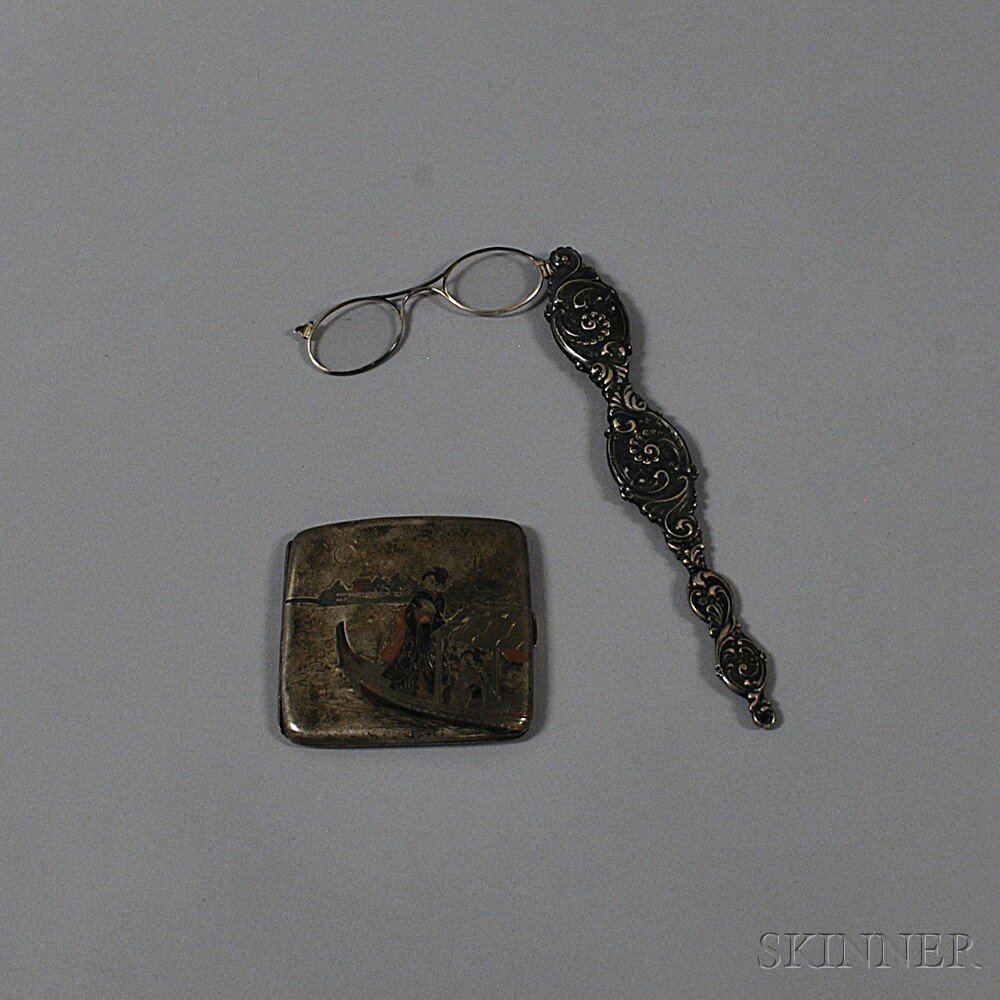 Appraisal: Japanese Silver Card Case and a Sterling Silver Lorgnette the