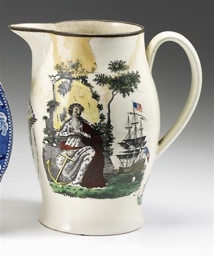 Appraisal: Black transfer-printed and enameled creamware pitcher attributed to herculaneum pottery