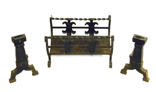 Appraisal: Fireplace set three pieces including pair of wrought-iron andirons obelisk