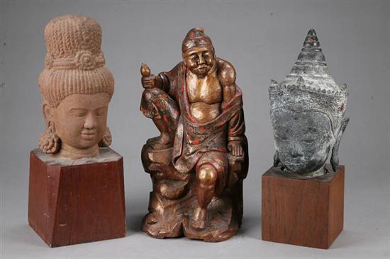 Appraisal: THREE ASIAN STATUES Wooden Chinese figure of a robed man