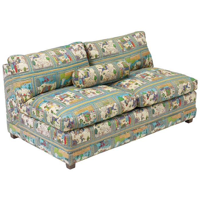 Appraisal: Baker loveseat armless form with original Persian Miniature screenprint fabric