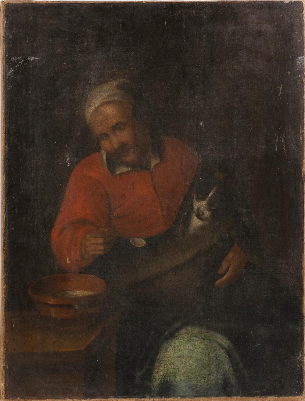 Appraisal: CONTINENTAL SCHOOL TH CENTURY A MAN SPOON-FEEDING A SMALL DOG