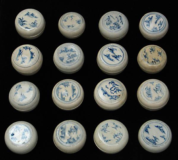 Appraisal: A group of sixteen blue and white landscape boxes Late