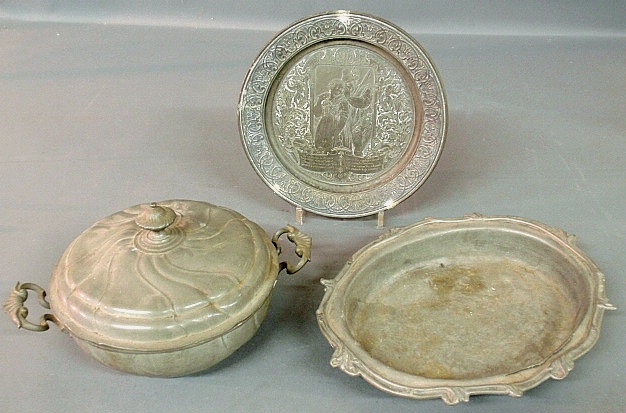 Appraisal: - Three pieces of German pewter- plate incised with Black