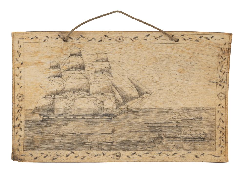 Appraisal: SCRIMSHAW PANBONE PLAQUE WITH WHALING SCENE MID- TH CENTURY X