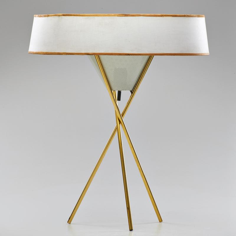 Appraisal: GERALD THURSTON LIGHTOLIER Tripod table lamp with original linen shade