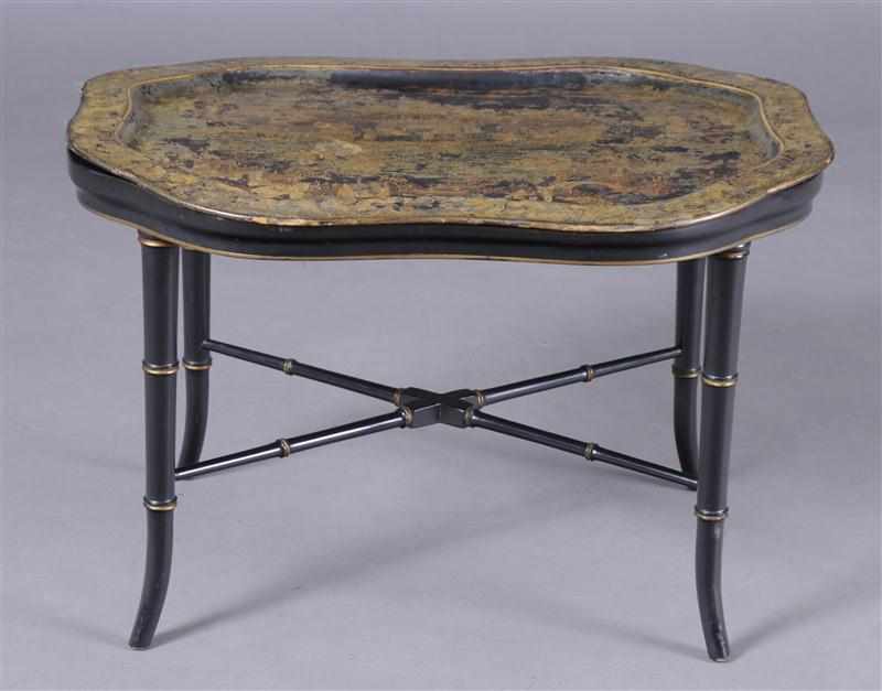 Appraisal: CHINESE EXPORT BLACK LACQUER AND PARCEL-GILT PAPIER-MACH TRAY ON LATER