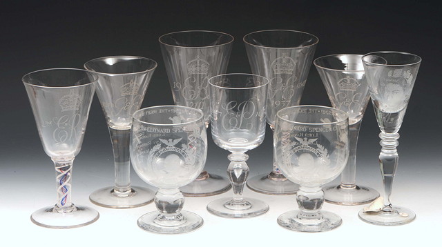 Appraisal: A GROUP OF NINE ENGRAVED COMMEMORATIVE GLASSES commemorating the Coronation