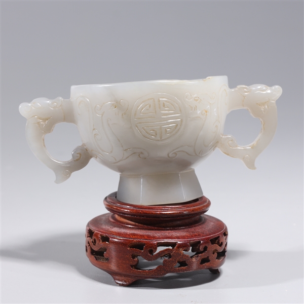 Appraisal: Chinese carved agate libation cup with dragon designs with wood