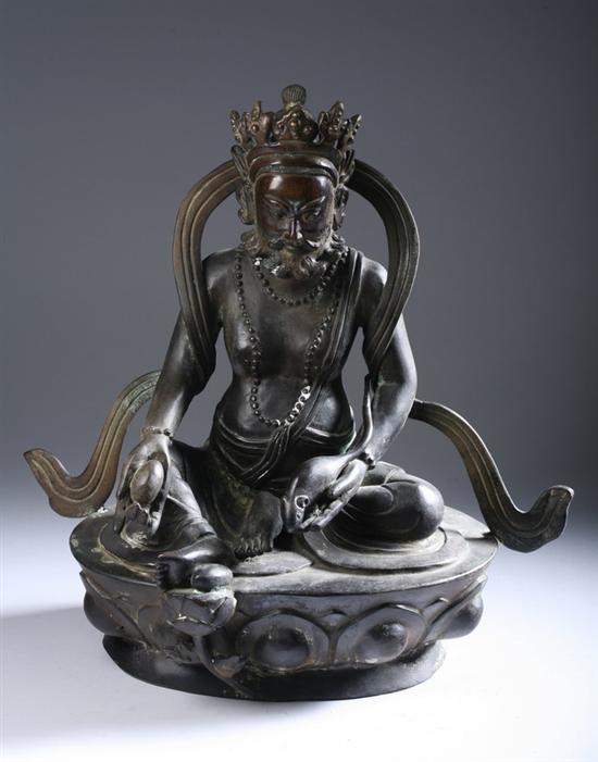 Appraisal: TIBETAN BRONZE FIGURE OF BODHISATTVA Seated on lotus throne -