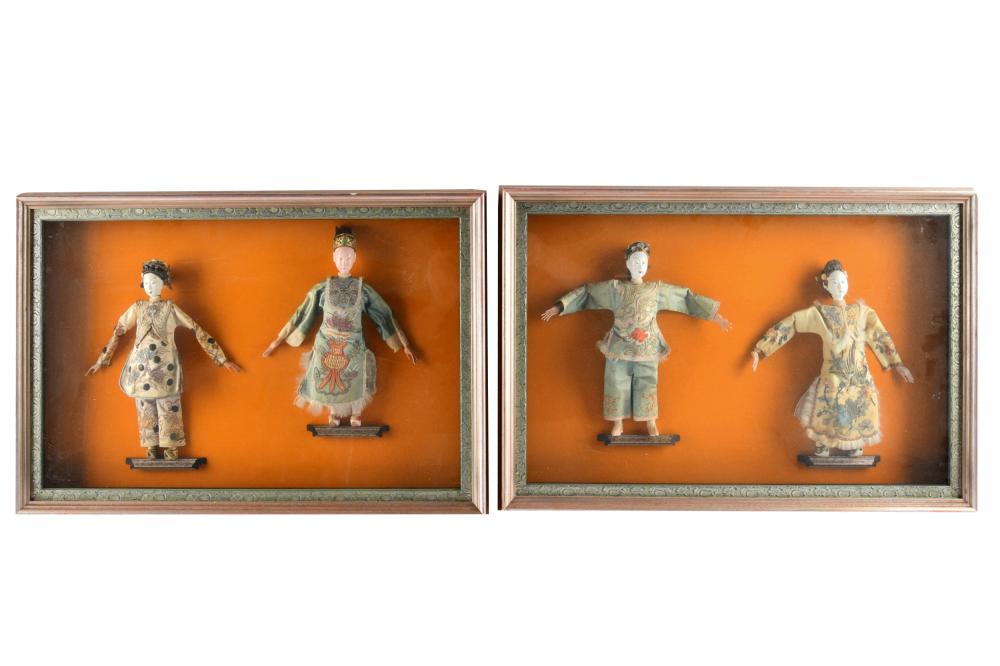 Appraisal: TWO FRAMED CHINESE DOLL DISPLAYScomposition linen dolls each containing two