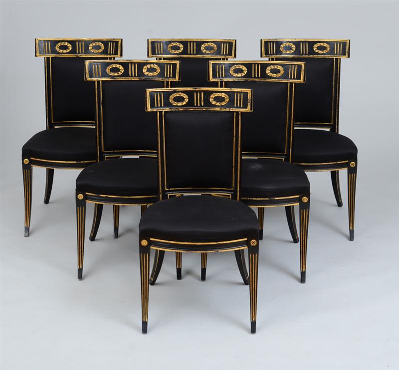 Appraisal: SET OF SIX ITALIAN NEOCLASSICAL STYLE BLACK PAINTED AND PARCEL-GILT