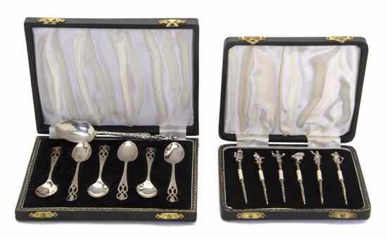 Appraisal: Two Cased English Silver Sets comprising six demitasse spoons H