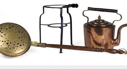 Appraisal: DOVETAILED COPPER GOOSENECK TEA KETTLE Together with a wrought-iron standing