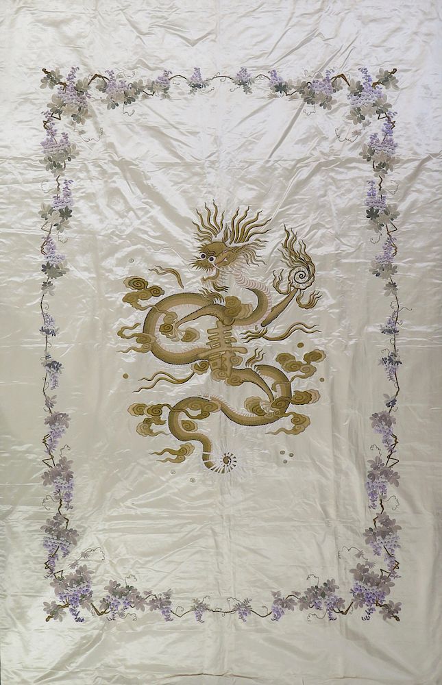 Appraisal: Large Chinese Silk Embroidery of a Dragon A stunning and