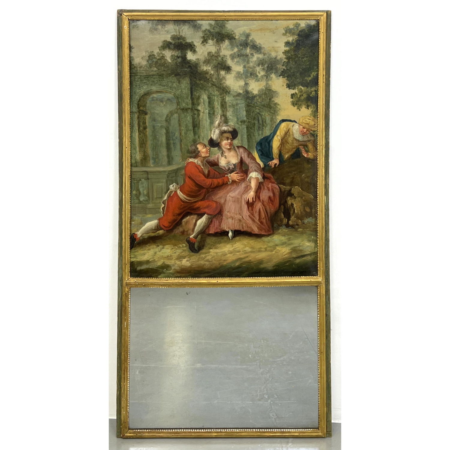 Appraisal: Vintage Trumeau Mirror Courting Scene Hand painted courting scene Dimensions