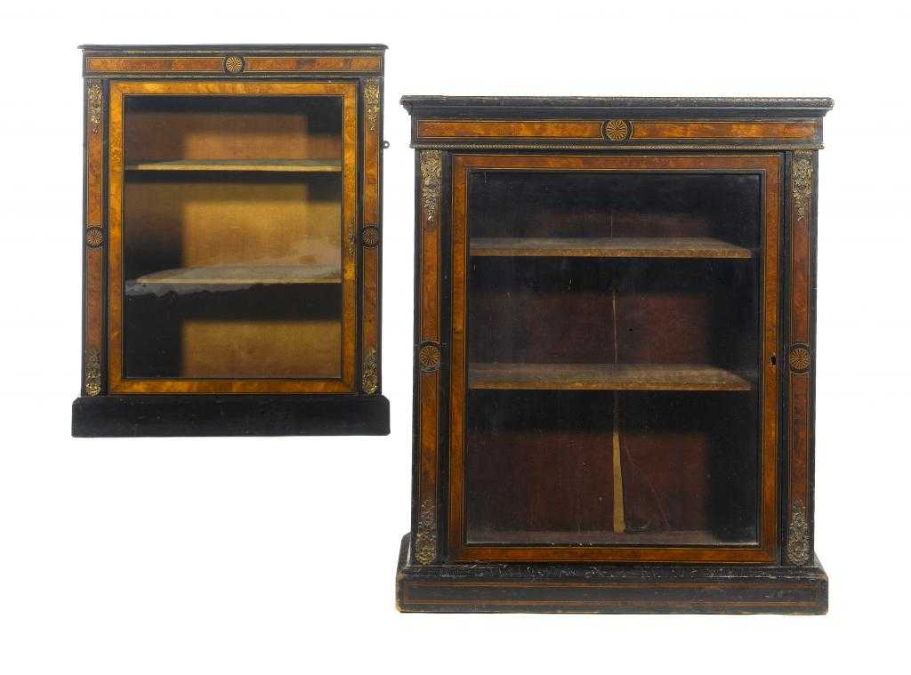 Appraisal: TWO VICTORIAN ORMOLU-MOUNTED EBONISED AND AMBOYNA INLAID PIER CABINETS the