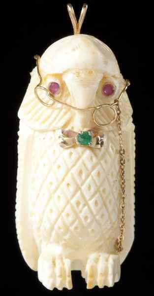 Appraisal: Ivory and Gem Set Owl Pendant s designed as a