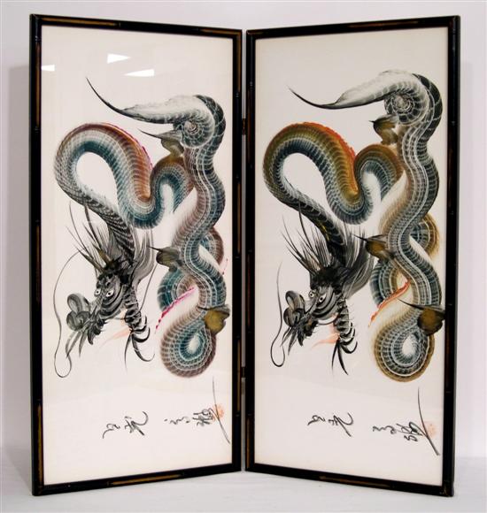 Appraisal: Pair of watercolors on paper Japanese th C each depicting