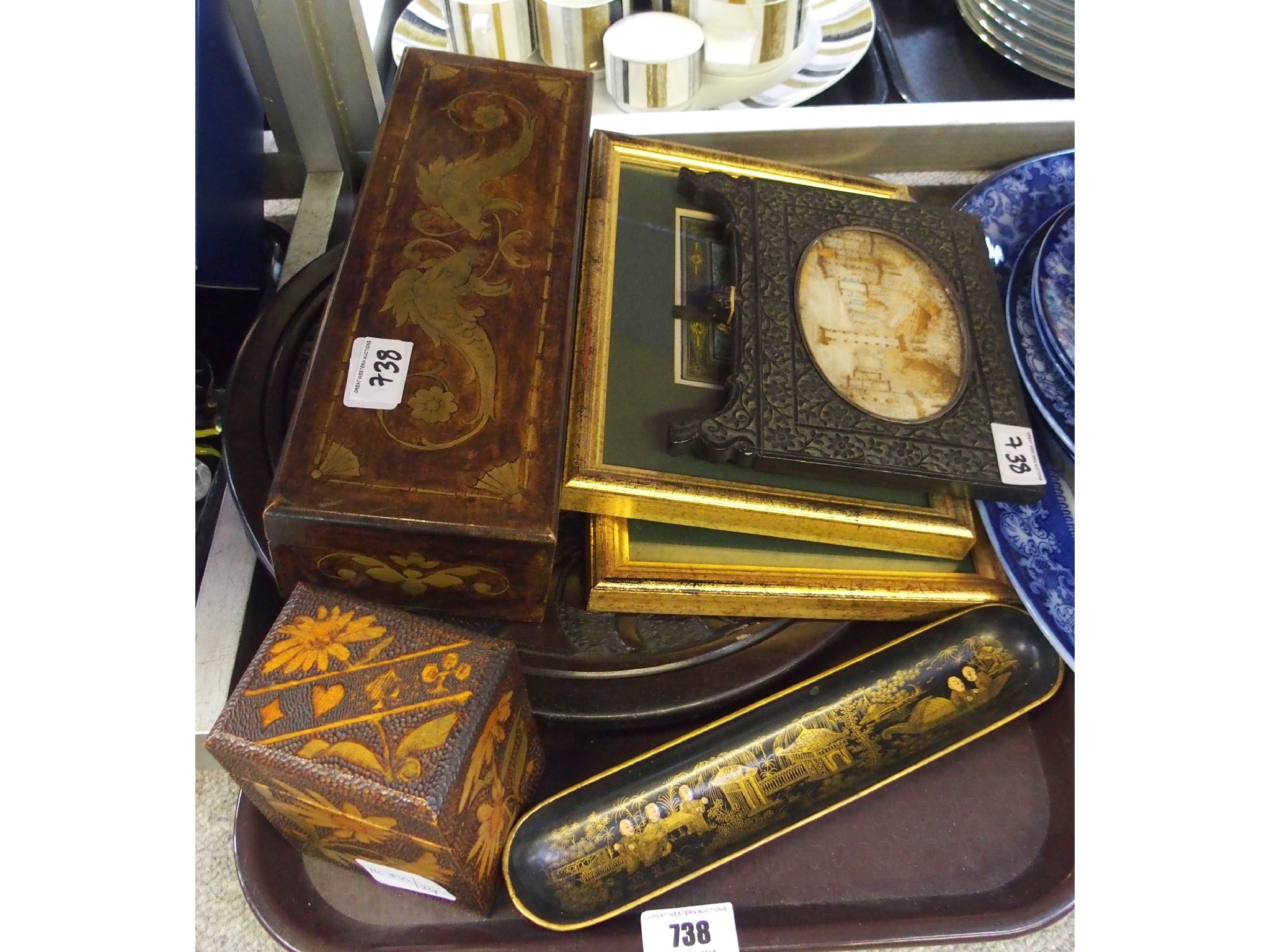 Appraisal: Tray comprising pokerwork wood card box Chinese inlaid coromandel table