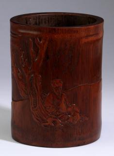 Appraisal: Chinese carved bamboo brush pot h Chinese carved bamboo brush