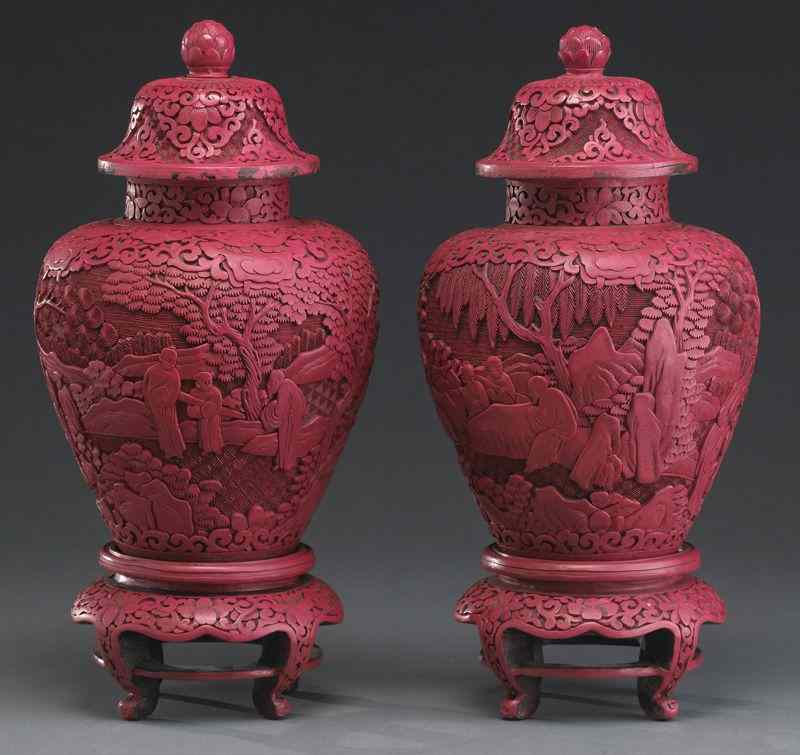 Appraisal: Pr Chinese Qing carved cinnabar jarsdepicting monks in a landscape