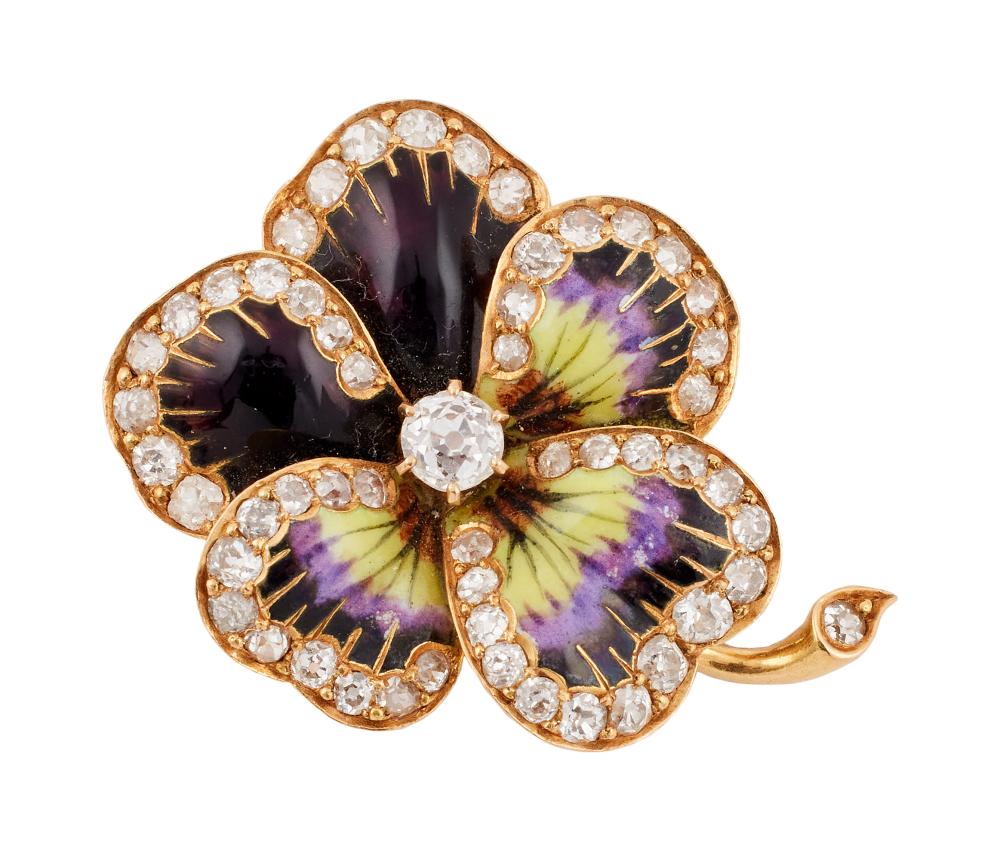 Appraisal: KT YELLOW GOLD DIAMOND AND ENAMEL PANSY PIN PENDANT APPROX