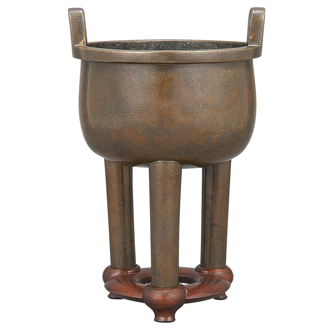 Appraisal: Chinese Silver Inlaid Bronze Tripod Censer Shisou Two-Character Mark probably