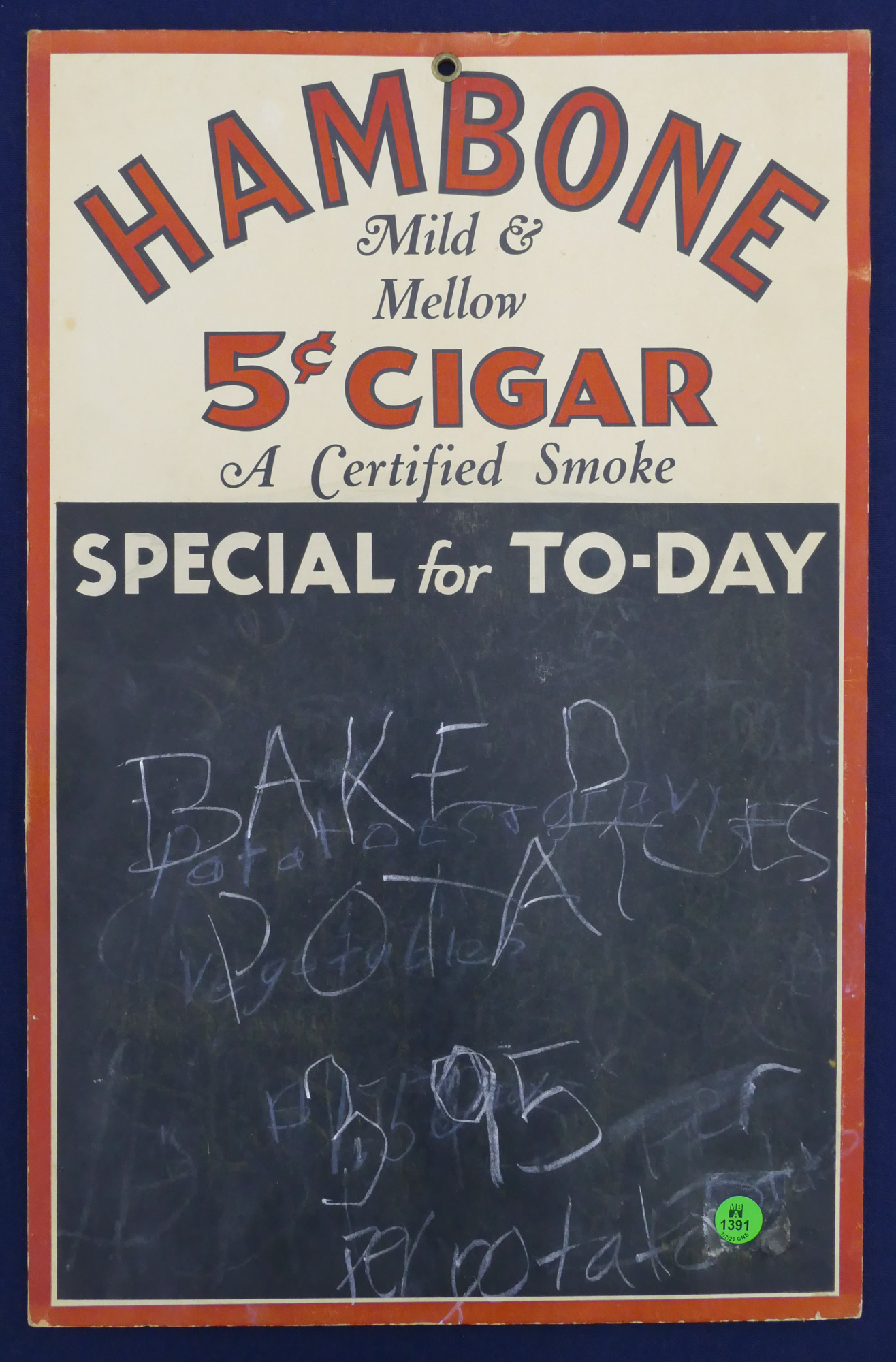 Appraisal: Vintage Hambone Cigars Advertising Blackboard ''x ''