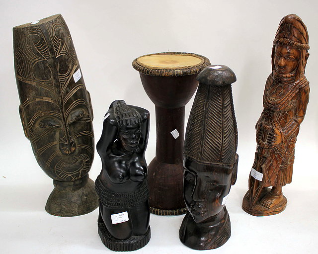 Appraisal: FIVE PIECES OF CARVED WOODEN ETHNIC ART to include a