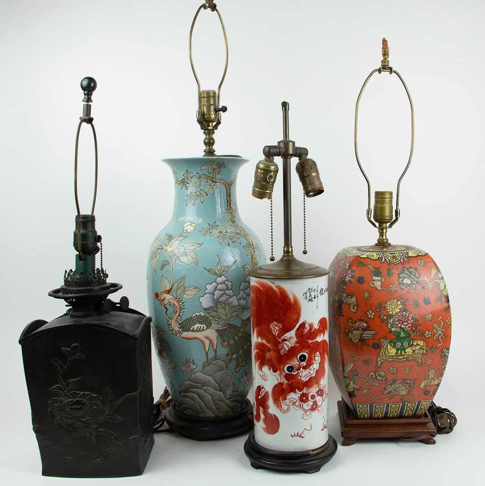 Appraisal: Grouping of Asian Lamps Including three porcelain lamps and one