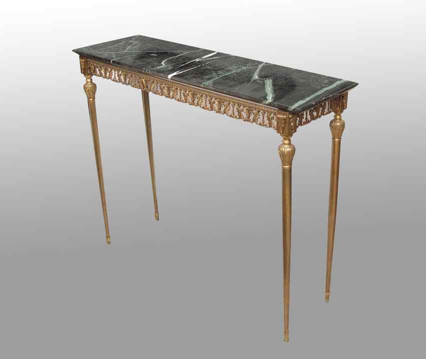 Appraisal: MARBLE TOP HALL TABLE Darkest green marble over reticulated brass