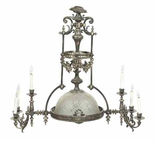 Appraisal: A Neoclassical Silvered Bronze Chandelier having a torch finial over