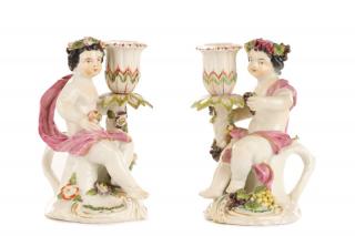 Appraisal: Pair of Bacchanalian Porcelain Candlesticks Continental th century A pair